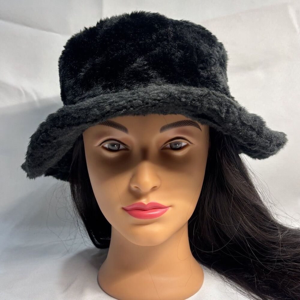 GodBody Design Russia Faux Fur Bucket Hat Black Plush Winter Warm M/L Y2K